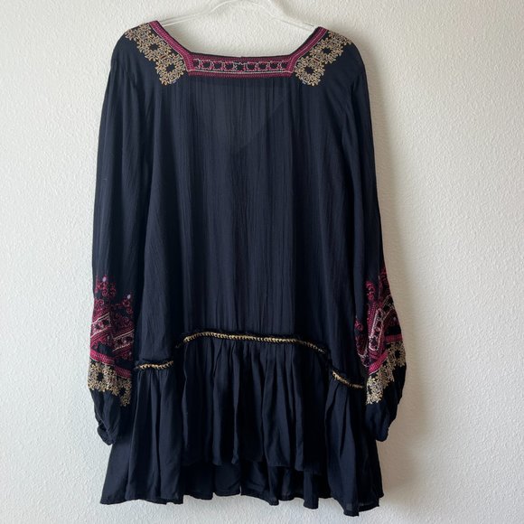 Free People Wild One Peasant Mini Dress Long Sleeve Embroidered Drop Waist Black - Picture 4 of 12